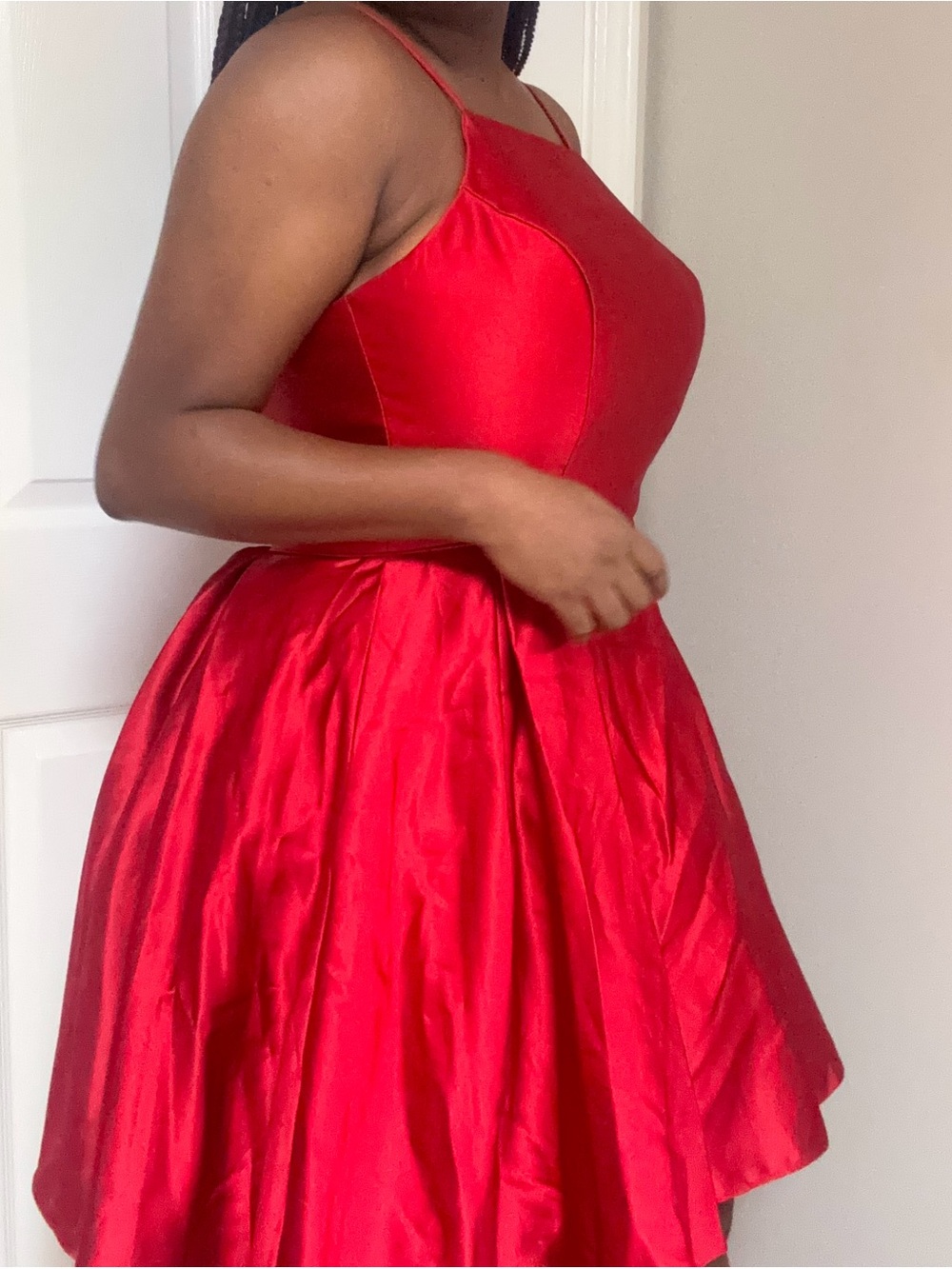 Betsy & Adam Red Satin Fit-and-Flare Spaghetti Strap Maxi